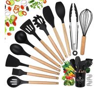 Utensilios Cocina de Silicona, hicoosee 22 Piezas Juego Utensilios de Cocina de Silicona con Mango de Madera para Utensilios, Sin BPA Resistentes al Calor y Antiadherentes con 10 S Ganchos, Negro 01