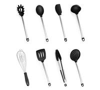 Utensilios Cocina Silicona, Bi-Komfort 8 Pcs Cocina Accesorios; Incluyen Pinzas Cocina, Tenedor Pasta, Batidor, Turner Ranurado, Cuchara para Servir, Cucharón Sopa, Colador y Espátula Flexible