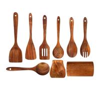 Utensilios de Cocina de Acacia Natural - Set de 9 Utensilios de Madera - Set para Servir y Mezclar, Cucharas de Cocina Fáciles de Lavar, Herramientas Higiénicas para Catering, Food Truck, Fiesta, Apar
