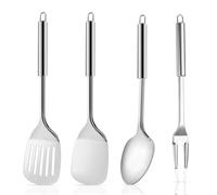 Utensilios de cocina de acero inoxidable, juego de utensilios de cocina de 4 piezas, espátula ranurada, cuchara de mango largo, espátula plana, tenedor de carne, alta resistencia al calor, ideal para