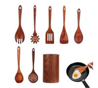 Utensilios de cocina de madera - 8 piezas espátulas y cucharón resistentes al calor con apoyo para cucharas - Juego de utensilios de madera para cocinar, para uso en interiores y exteriores casa