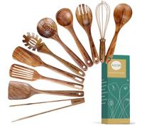 Utensilios de cocina de madera para cocinar, antiadherentes, de madera de teca natural, juego de utensilios de cocina, juego de utensilios de cocina de madera con espátula y cucharón (10)