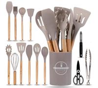 Utensilios de Cocina de Silicona, 14 Piezas SIN BPA, Utensilios de Cocina Resistentes al Calor, Accesorios Cocina Antiadherentes, Utensilios Hogar y Cocina, Mango de Bambú, Tijeras Cocina Multifunción