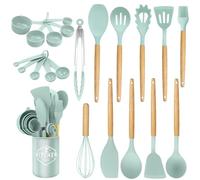 Utensilios de Cocina de Silicona 22 Piezas, set di utensili da cucina per pentole antiaderenti, al Calor y Antiadherentes con Mango de Madera para Utensilios sin BPA (Verde Claro)