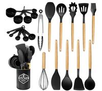 Utensilios de Cocina de Silicona 22 Piezas, set di utensili da cucina per pentole antiaderenti, al Calor y Antiadherentes con Mango de Madera para Utensilios sin BPA (Negro)