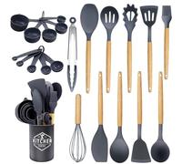 Utensilios de Cocina de Silicona 22 Piezas, set di utensili da cucina per pentole antiaderenti, al Calor y Antiadherentes con Mango de Madera para Utensilios sin BPA (Gris)