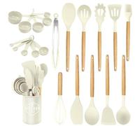 Utensilios de Cocina de Silicona 22 Piezas, set di utensili da cucina per pentole antiaderenti, al Calor y Antiadherentes con Mango de Madera para Utensilios sin BPA (Lechoso)