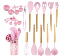Utensilios de Cocina de Silicona 22 Piezas, set di utensili da cucina per pentole antiaderenti, al Calor y Antiadherentes con Mango de Madera para Utensilios sin BPA (Rosa)