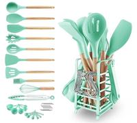 Utensilios de Cocina de Silicona, hecef 32 Piezas Utensilios de Cocina con Soporte de Acero Inoxidable, Set Utensilios de Cocina con Mango de Madera, Resistentes al Calor (Verde)