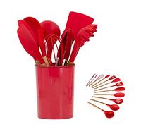Utensilios de Cocina de Silicona Juego de Utensilios de Cocina - 446 ° F Mangos de Madera Resistentes al Calor Utensilios de Cocina Grises Juego de Utensilios de Cocina Antiadherente (Rojo-12pcs)