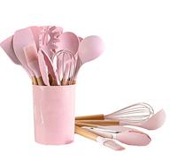 Utensilios de Cocina de Silicona Juego de Utensilios de Cocina - 446 ° F Mangos de Madera Resistentes al Calor Utensilios de Cocina Grises Juego de Utensilios de Cocina Antiadherente (Rosa-12pcs)