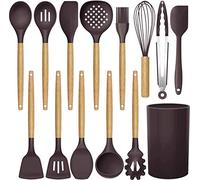 Utensilios de Cocina de Silicona Juego de Utensilios de Cocina - 446 ° F Mangos de Madera Resistentes al Calor Utensilios de Cocina Grises Juego de Utensilios de Cocina Antiadherente (Marrón-12pcs)