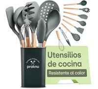 Utensilios de Cocina de Silicona Madera, 8 Piezas de Accesorios de Cocina de Silicona Resistente al Calor - Certificado por la FDA para Alimentos - Gris