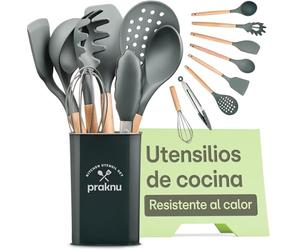 Utensilios de Cocina de Silicona Madera, 8 Piezas de Accesorios de Cocina de Silicona Resistente al Calor - Certificado por la FDA para Alimentos - Gris