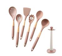 Utensilios de Cocina de Silicona - Set de 7 Piezas con Mango Largo, Alimenticio,Set de Herramientas de Cocina con Soporte Organizador,Para Ollas Sartenes Antiadherentes, Horneado, Mezcla, Hogar,