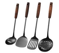 Utensilios de cocina, Espátula y cucharón para wok, cuchara espumadera, juego de espátulas giratorias ranuradas,acero inoxidable 304 con mango de madera maciza, juego de 4 piezas (Negro)