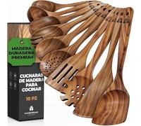 Utensilios de Cocina Madera 10 Pzas para Cocinar - Set de Espátulas y Cucharones de Cocina - Madera de Teca, Antiarañazos. Accesorios Cocina con Agarre Cómodo para Sartenes Antiadherentes