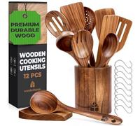 Utensilios de Cocina Madera 12 Pzs - Set de Espátulas y Cucharas de Madera, con Soporte, Reposacucharas y Ganchos. Antiarañazos. Accesorios Cocina con Agarre Cómodo para Sartenes Antiadherentes