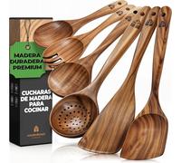 Utensilios de Cocina Madera 6 Pzs para Cocinar - Set de Espátulas y Cucharones de Cocina - Cucharas de Madera de Teca, Antiarañazos. Accesorios Cocina con Agarre Cómodo para Sartenes Antiadherentes