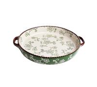 Utensilios para hornear Molde redondo de doble asa for hornear, con borde cuentas y flores cerezo pintadas a mano, for postres pizzas Bandejas De Horno(Green,Pequeño)