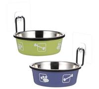 UTHCLO Cuencos Colgantes para Gatos de Acero Inoxidable 2 Unidades 12 Cm Soporte Estampado Azul y Verde, Comederos Elevados Montados en Pared para Comida y Agua, Ahorro de Espacio