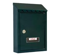 UTILIA Buzón de correos Capri 21 x 6 x 30 cm, porta cartas de chapa pintada con techo, solapa superior trasera, buzón exterior con cerradura de cilindro, 2 llaves (verde)