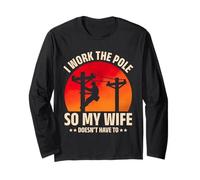 Utility Lineman Retro I Work The Pole Funny Lineworker Humor Manga Larga