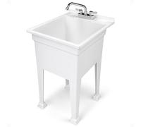 UTILITYSINKS Fregadero de plástico independiente de 18 pulgadas, Fregaderos Industriales con grifo oscilante de acero inoxidable resistente para garaje, lavandería y jardín, color blanco