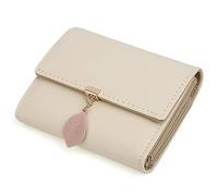UTO Cartera de Mujer Monedero Corto Adorno Hoja Colgante Cartera Minimalista con Bolsillo de Cremallera para Monedas Crema A