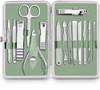 Utopia Care 15 Pieces Manicure Set - Stainless Steel Manicure Nail Clippers Pedicure Kit - Professional Grooming Kits, Nail Care Tools with Luxurious Travel Case (Green)