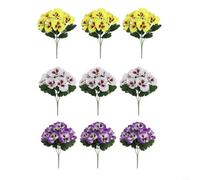 UTTASU Juego de flores artificiales de pensamiento, 9 tallos resistentes a los rayos UV en amarillo, morado, blanco, decoración de verano vibrante para uso en interiores y exteriores, flores de