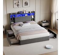 UTTQEW Cama de 140 x 200 cm con somier, cama doble tapizada con iluminación LED y USB, cama juvenil con 4 cajones y cabecero con almacenamiento, estructura de cama, sin colchón, lino, gris ( gris, 140