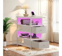 UTTQEW Mesita de noche con iluminación LED y estación de carga, armario de almacenamiento, mesa auxiliar estrecha de 3 niveles con estante abierto y 2 cajones, mesita de noche para espacios pequeños