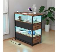 UTTQEW Mesita de noche con iluminación LED y estación de carga, armario de almacenamiento, mesa auxiliar estrecha de 3 niveles con estante abierto y 2 cajones, mesita de noche para espacios pequeños