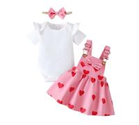 UUAISSO Conjunto Ropa Para Bebé Niña Recién Nacida Top Manga Corta Acanalado Falda con Tirantes Lazo Margaritas y Corazón Diadema Corazón rojo 12-18 meses