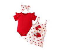 UUAISSO Conjuntos Para Bebé Niña Mono Manga Corta con Estampado de Corazones Falda Tirantes Vestido oso Diadema con lazo 0-18 meses Oso rojo 0-3 meses