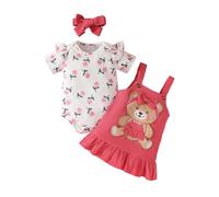UUAISSO Conjuntos Para Bebé Niña Mono Manga Corta con Estampado de Corazones Falda Tirantes Vestido oso Diadema con lazo 0-18 meses Rosa 0-3 meses