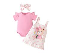 UUAISSO Conjuntos Para Bebé Niña Mono Manga Corta con Estampado de Corazones Falda Tirantes Vestido oso Diadema con lazo 0-18 meses Oso rosa 3-6 meses