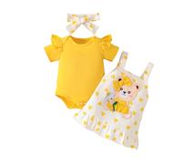 UUAISSO Conjuntos Para Bebé Niña Mono Manga Corta con Estampado de Corazones Falda Tirantes Vestido oso Diadema con lazo 0-18 meses Oso Huangse 6-12 meses