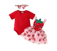 UUAISSO Ropa Para Bebé Niña Blusas con Volantes Para Recién Nacidas Faldas con Tirantes de Girasol y Diadema Conjuntos Verano Rojo fresa 3-6 meses