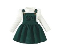 UUAISSO Ropa para Bebé Niña Pequeña Tops de Punto Acanalados Manga Larga Falda con Tirantes de Pana y Lazo Conjuntos Vestido Verde 3-4 años