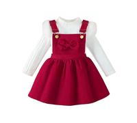 UUAISSO Ropa para Bebé Niña Pequeña Tops de Punto Acanalados Manga Larga Falda con Tirantes de Pana y Lazo Conjuntos Vestido Rojo 12-18 Meses