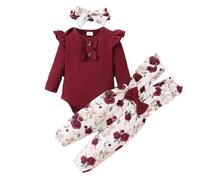 UUAISSO Ropa Para Bebé Recién Nacida Mono de Manga Marga con Volantes Pantalones con Estampado Floral de Conejo Linda Diadema Rojo vino 3-6 meses