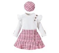 UUAISSO Ropa Para Bebés y Niñas Manga Larga Acanalada Tops a Cuadros Tweed Patrón Falda Boina Otoño Botón Trajes Conjuntos Rosa 5-6 años