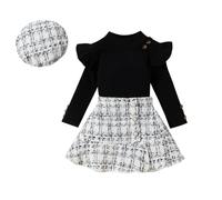 UUAISSO Ropa Para Bebés y Niñas Manga Larga Acanalada Tops a Cuadros Tweed Patrón Falda Boina Otoño Botón Trajes Conjuntos Negro 2-3 años
