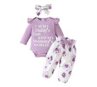 UUAISSO Ropa Para Niña Recién Nacida Pelele de Manga Larga Tops Pantalones Florales Conjunto de Diadema Trajes de Otoño Para Niña Pequeña Letra morada 6-12 meses