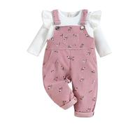 UUAISSO Ropa Para Niñas Pequeñas Camisetas de Manga Larga Punto Acanalado Pantalones Tirantes Florales y Bolsillos Conjuntos rosa 2-3 años