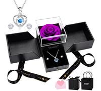 UUEMB Rosa Eterna, Púrpura Caja de Regalo de Rosa Preservada con Collar de Corazón y Aretes, Regalo de Cumpleaños de Aniversario Dia de la Madre Dia de San Valentín para Mamá Novia Hermana Mujeres