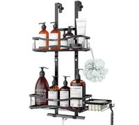 UUlioyer Estante de Ducha, Estanteria Baño con Jabonera, sin Taladro para Colgar en Puertas de Vidrio, Organizador Negro