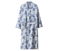 UUNBS Bata Kimono Japonesa Ligera para Hombre Albornoz de Jacquard 100% algodón Ropa de Estar por casa para SPA de Verano Camisón Unisex,Azul,One Size